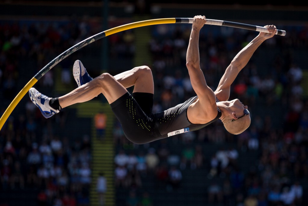 Sam Kendricks of Nike broke the Olympic trials record in the pole vault,, clearing a height of 19-4 ¾. Photo by Dillon Vibes