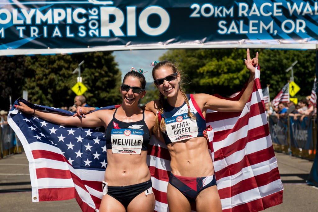 Maria Michta-Coffey (right) and Miranda Melville celebrate after finishing 1-2 in the 20K race walk. Photo by Dillon Vibes